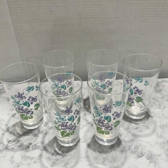 Vintage Violet Print 12oz Drinking Glass/Tumbler, Set Of 6, Lavender/Teal/Green - Picture 2 of 5